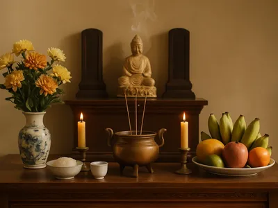 ban-tho-gia-dinh-gon-gang-voi-lu-huong-hoa-nen-va-mam-trai-cay