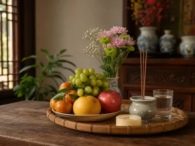 mam-le-cau-an-tai-nha-gom-hoa-tuoi-trai-cay-nuoc-sach-va-huong